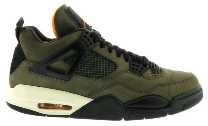 The Air Jordan 4 “Undefeated,” inspired by the MA-1 fighter pilot jacket, features an olive nubuck upper with black and orange accents—an ultra-rare 2005 collaboration limited to just 72 pairs