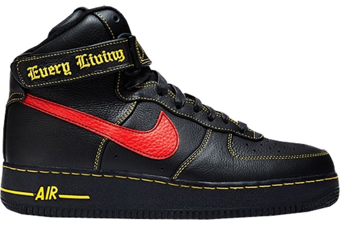 The Vlone x Nike Air Force 1 High, featuring bold orange Swooshes and “Every Living Creature Dies Alone” detailing, was released in an ultra-limited run of just 20 pairs, making it one of the rarest AF1 collaborations ever produced