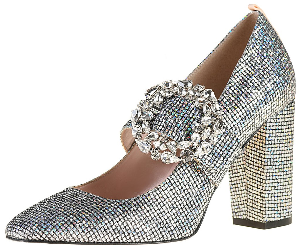 Fabricated SJP by Sarah Jessica Parker Celine almond-toe pumps in a slip-on style with rhinestone-encrusted buckle closure