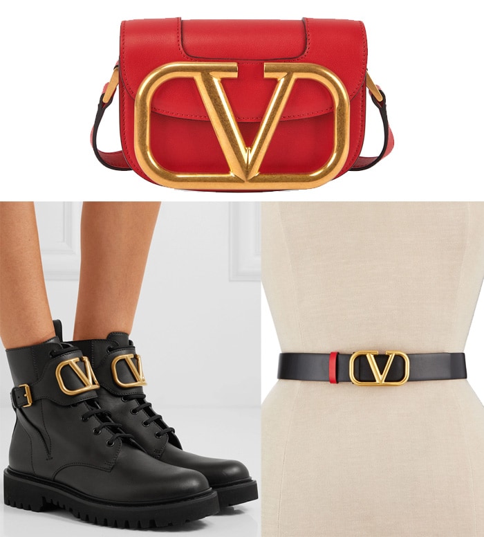Valentino’s accessories collection highlights the signature reversible VLogo hardware, featured across structured leather bags, combat boots, and belts that blend bold branding with refined craftsmanship