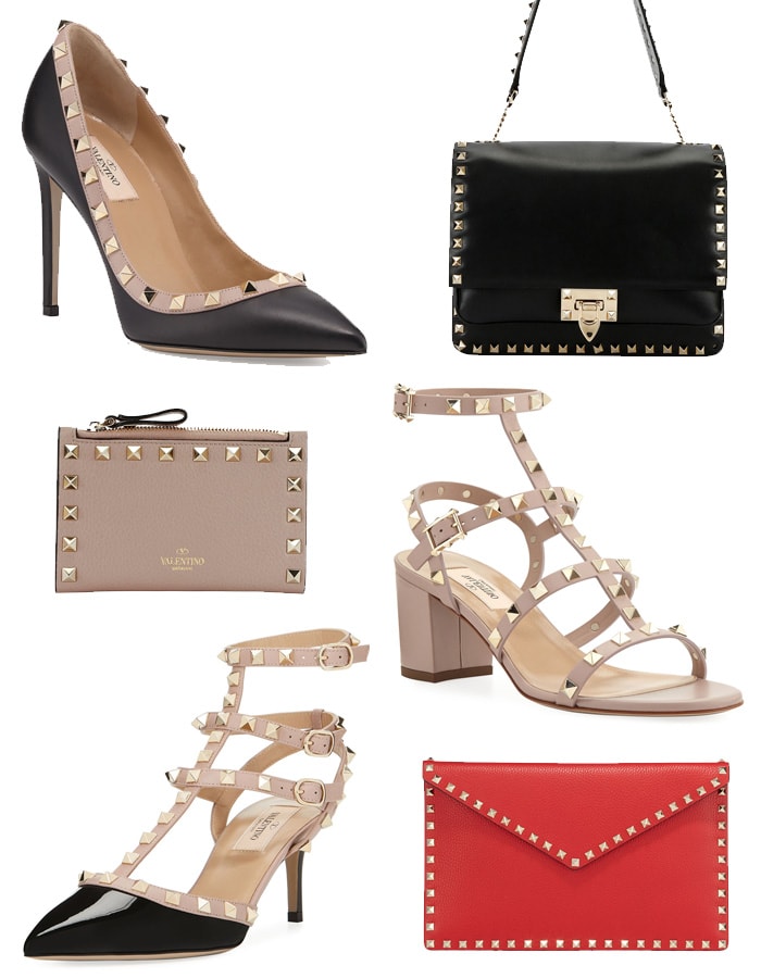 Valentino’s iconic Rockstud collection—featuring pointed pumps, strappy sandals, and leather accessories—defined by signature pyramid studs that add edge to classic silhouettes