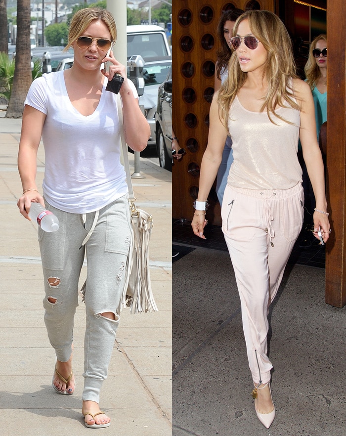 Hilary Duff opts for a relaxed vibe with a plain tee, while Jennifer Lopez adds a touch of elegance with a sleek tank top, both complementing their joggers effortlessly