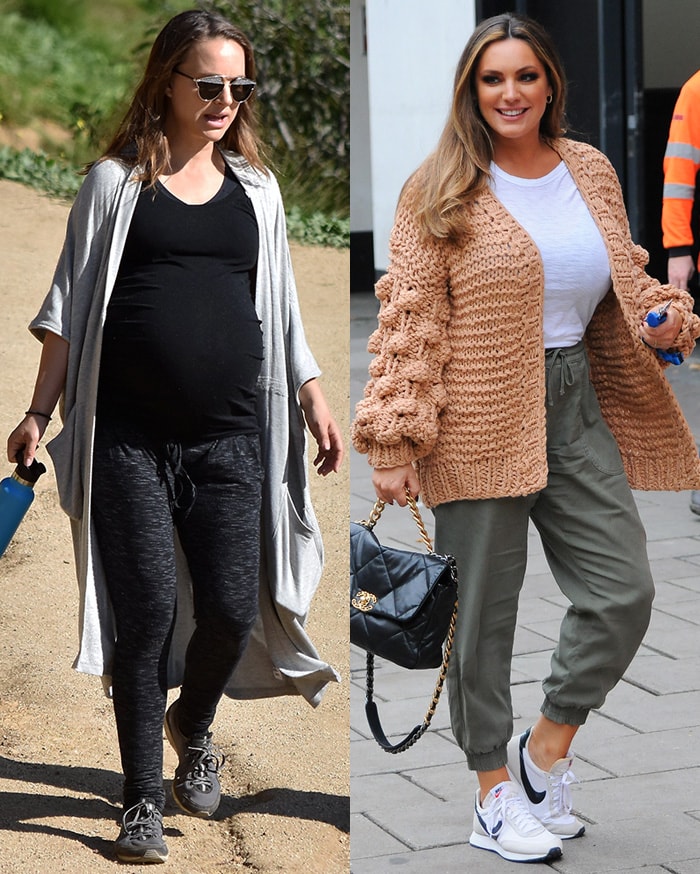 Jessica Alba and Kelly Brook elevate casual wear, pairing their joggers with stylish cardigans for a look that's both comfortable and chic