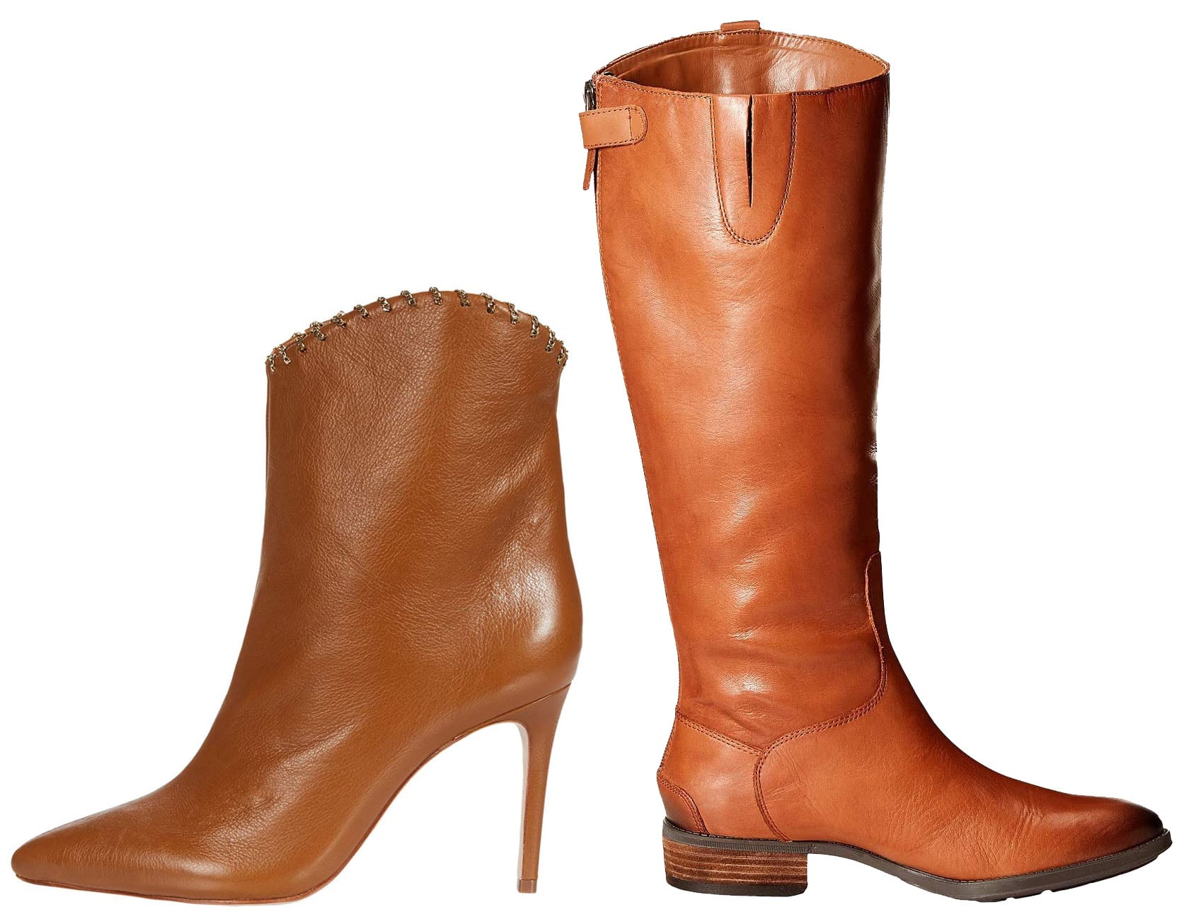Comparing ankle and knee-high brown leather boots reveals how shaft height changes the silhouette