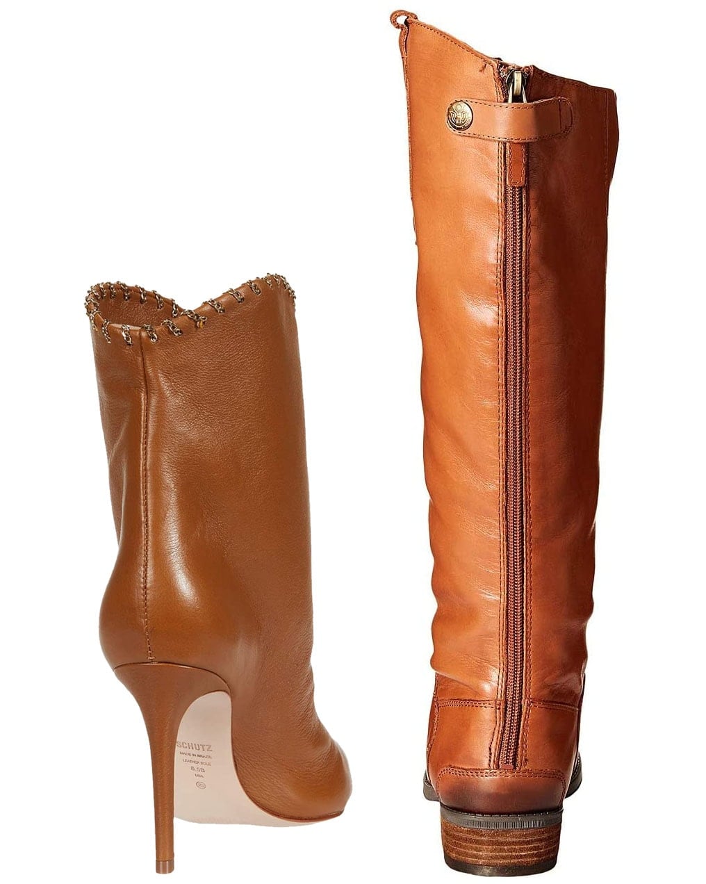The rear view shows detailing and closures that distinguish short heeled boots from tall riding styles