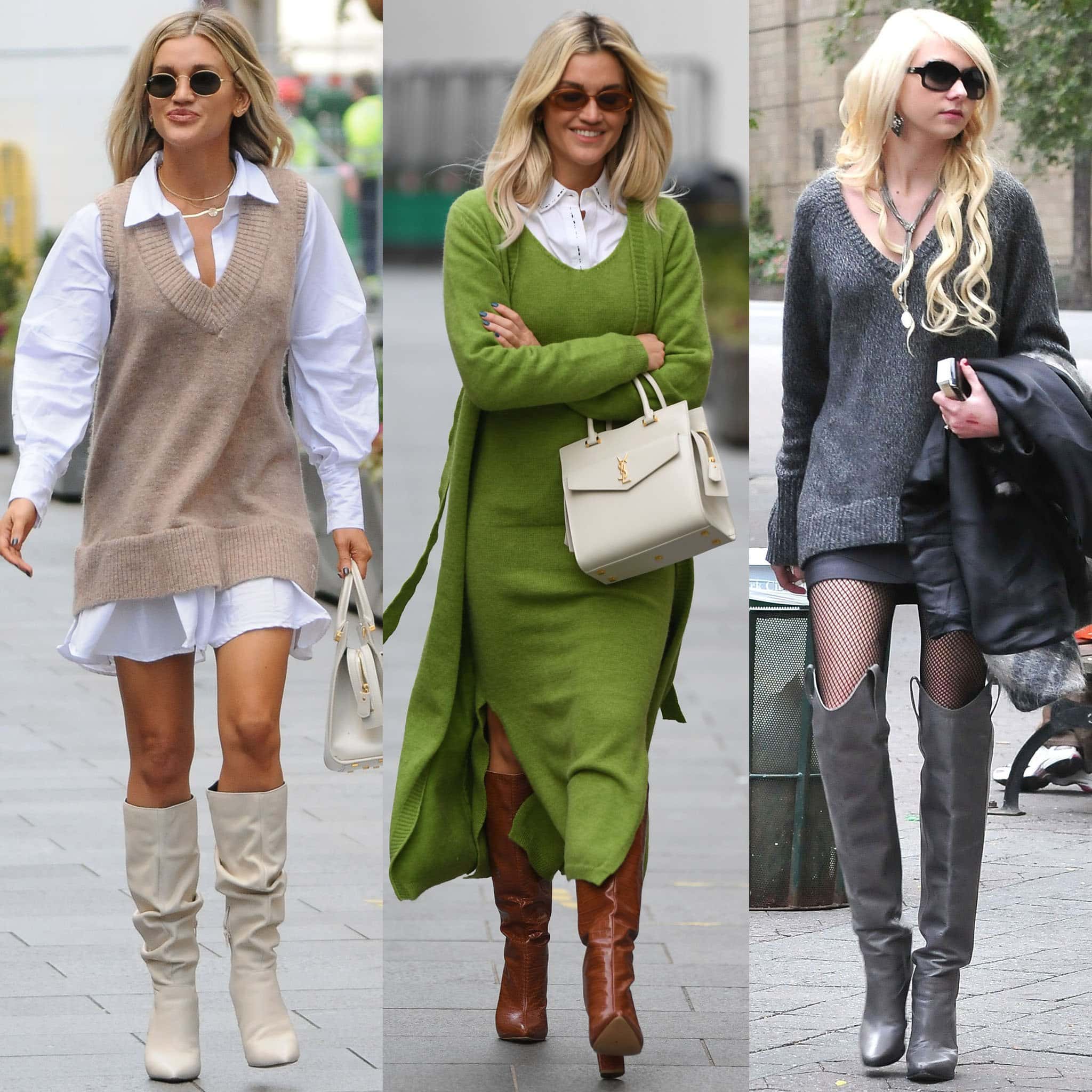 Ashley Roberts, Frankie Bridge, and Taylor Momsen reinterpret sweater-dress styling with knee-high and over-the-knee boots for a modern cold-weather edge