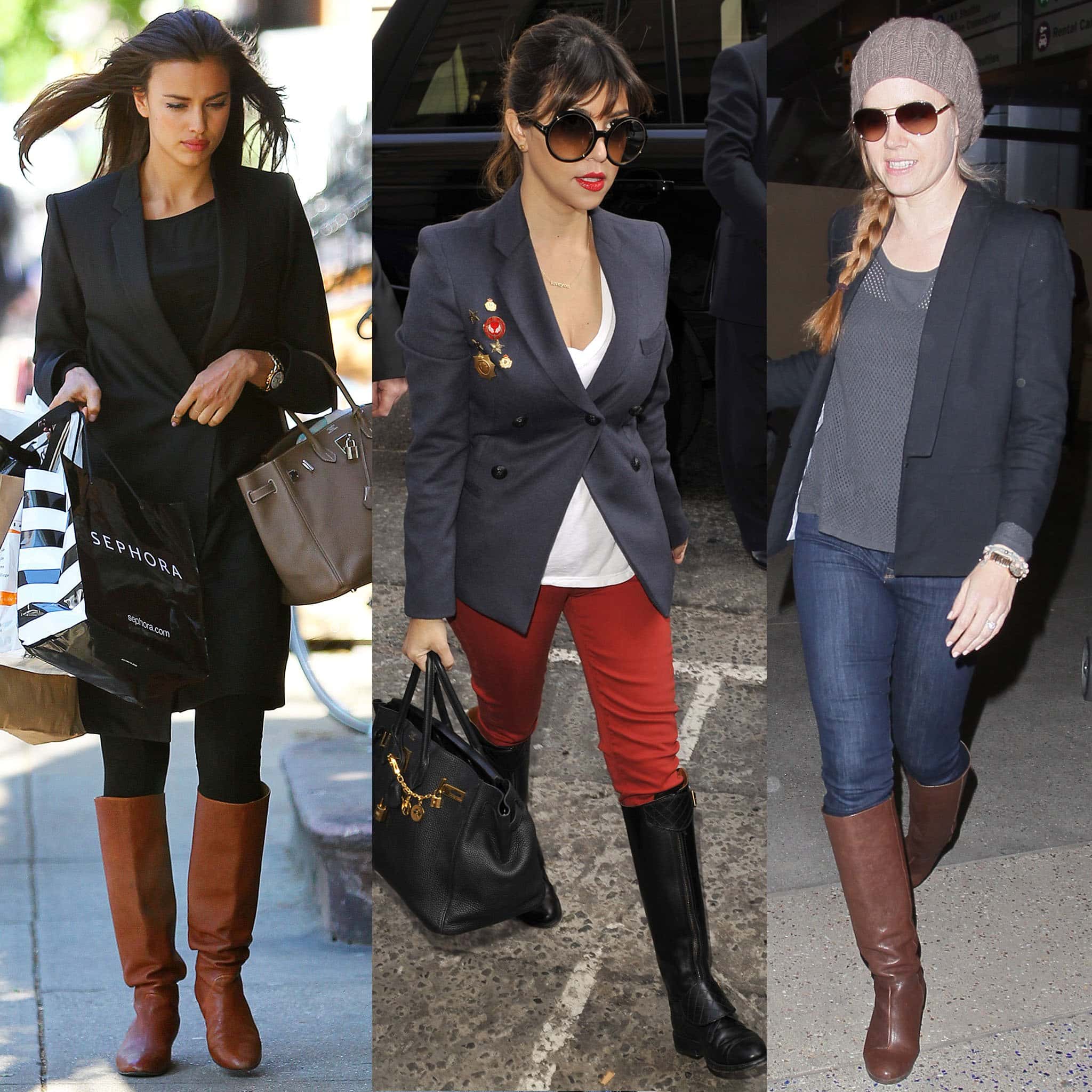 Irina Shayk, Kourtney Kardashian, and Amy Adams prove that knee-high riding boots paired with tailored blazers create polished, versatile street style