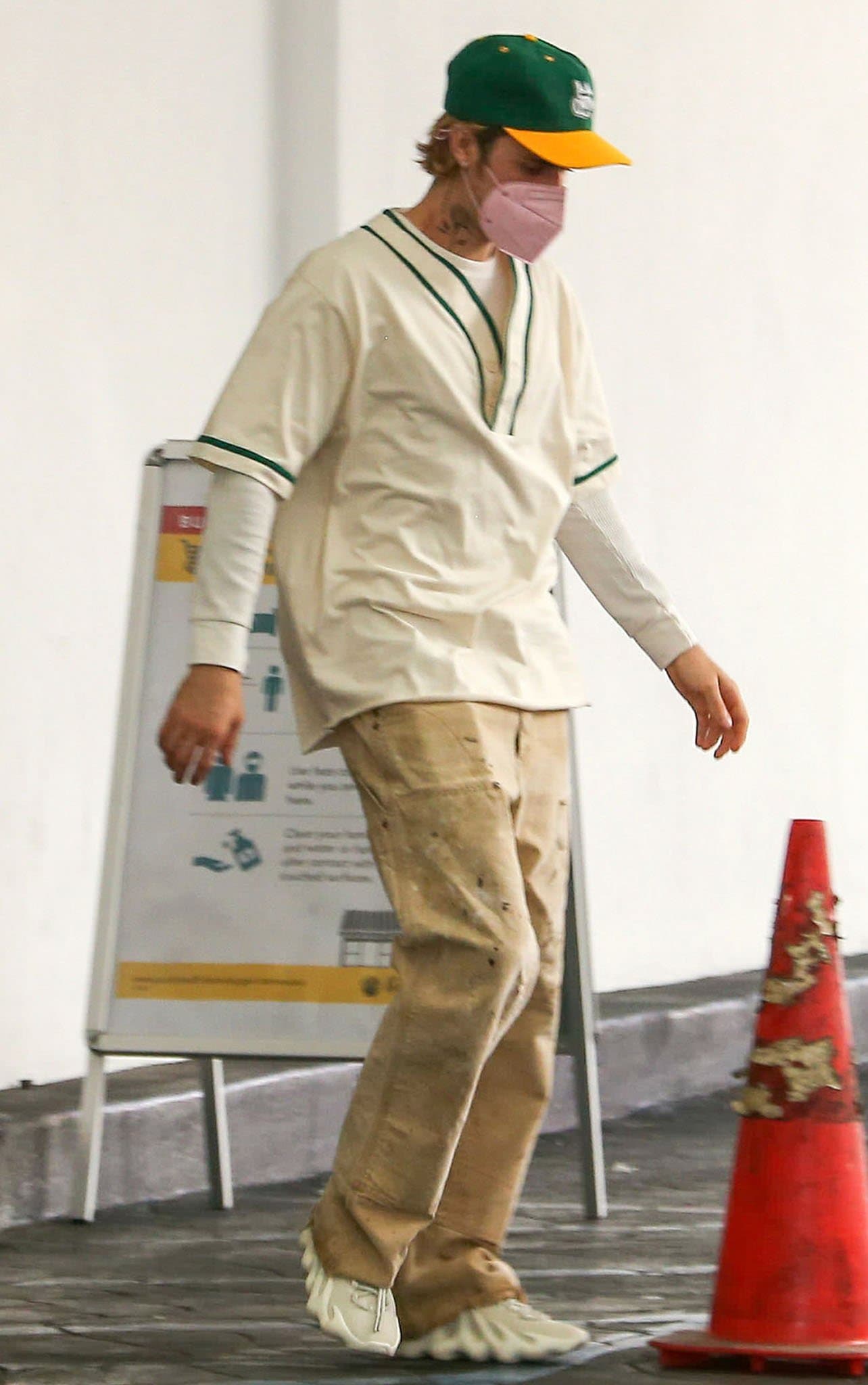 Justin Bieber's Adidas Yeezy 450 Cloud White sneakers draw attention with their distinctive claw-like midsoles and futuristic organic shape