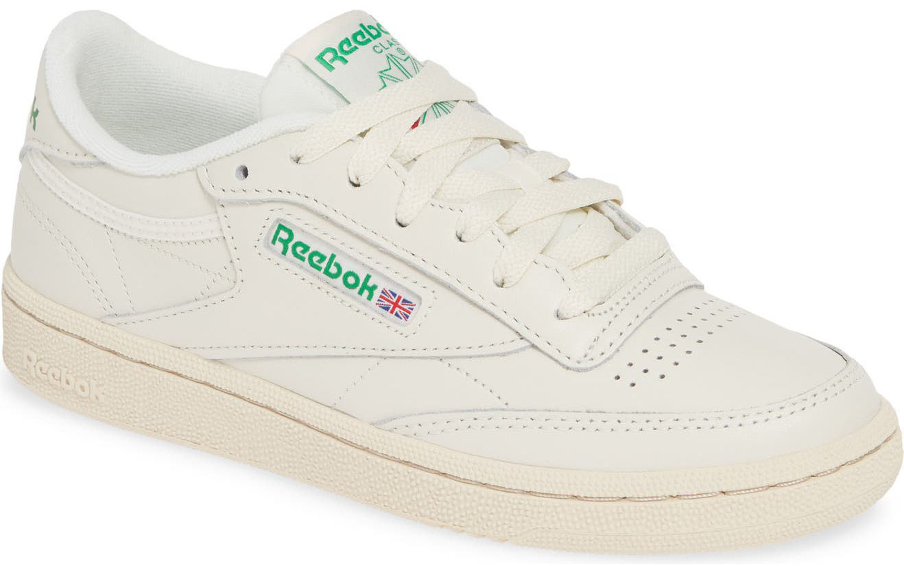 Reebok Club C 85 Vintage sneaker with an off-white leather upper, green branding, and perforated toe