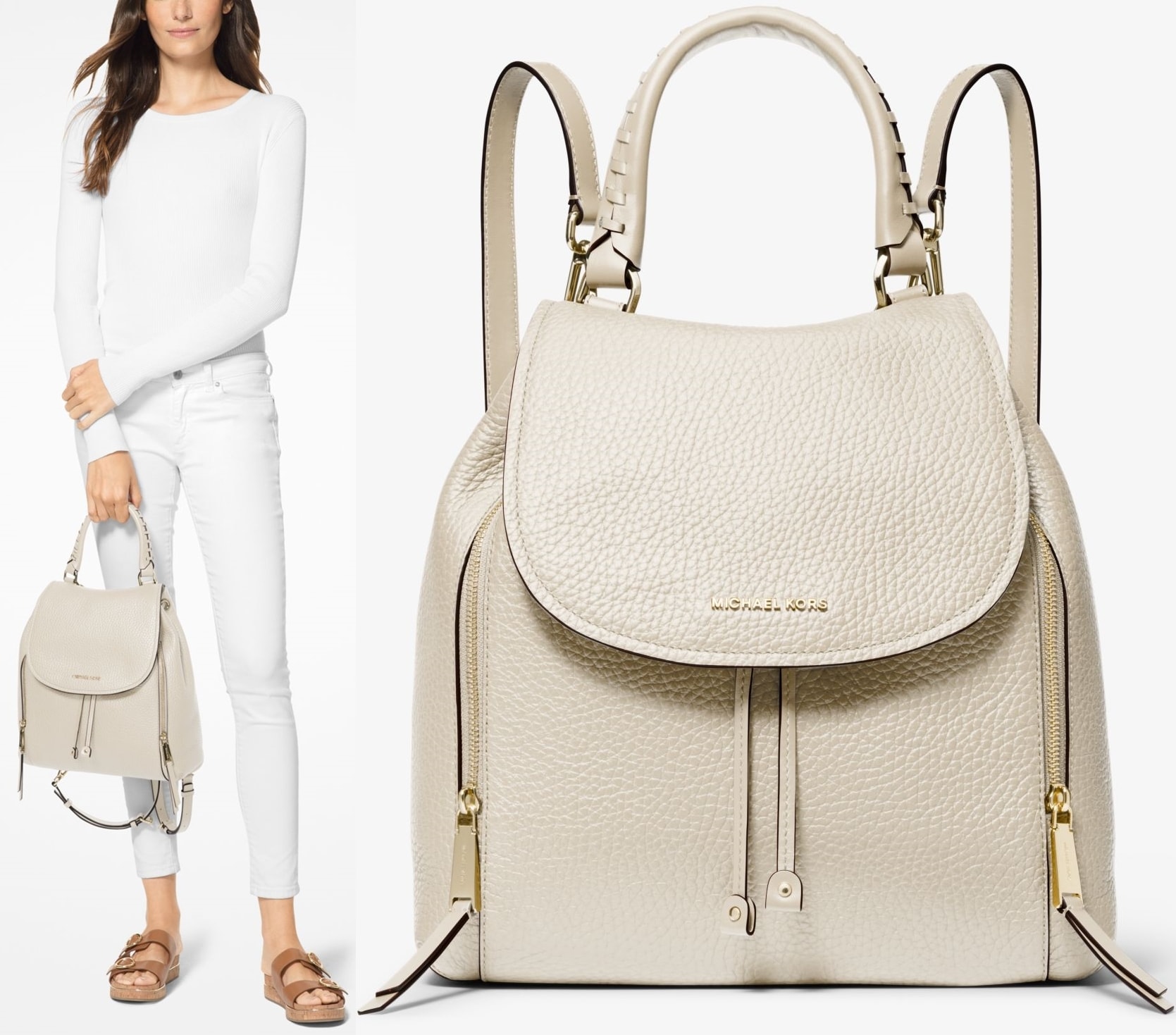 Softly pebbled leather meets a streamlined shape on this backpack featuring two side zip pockets