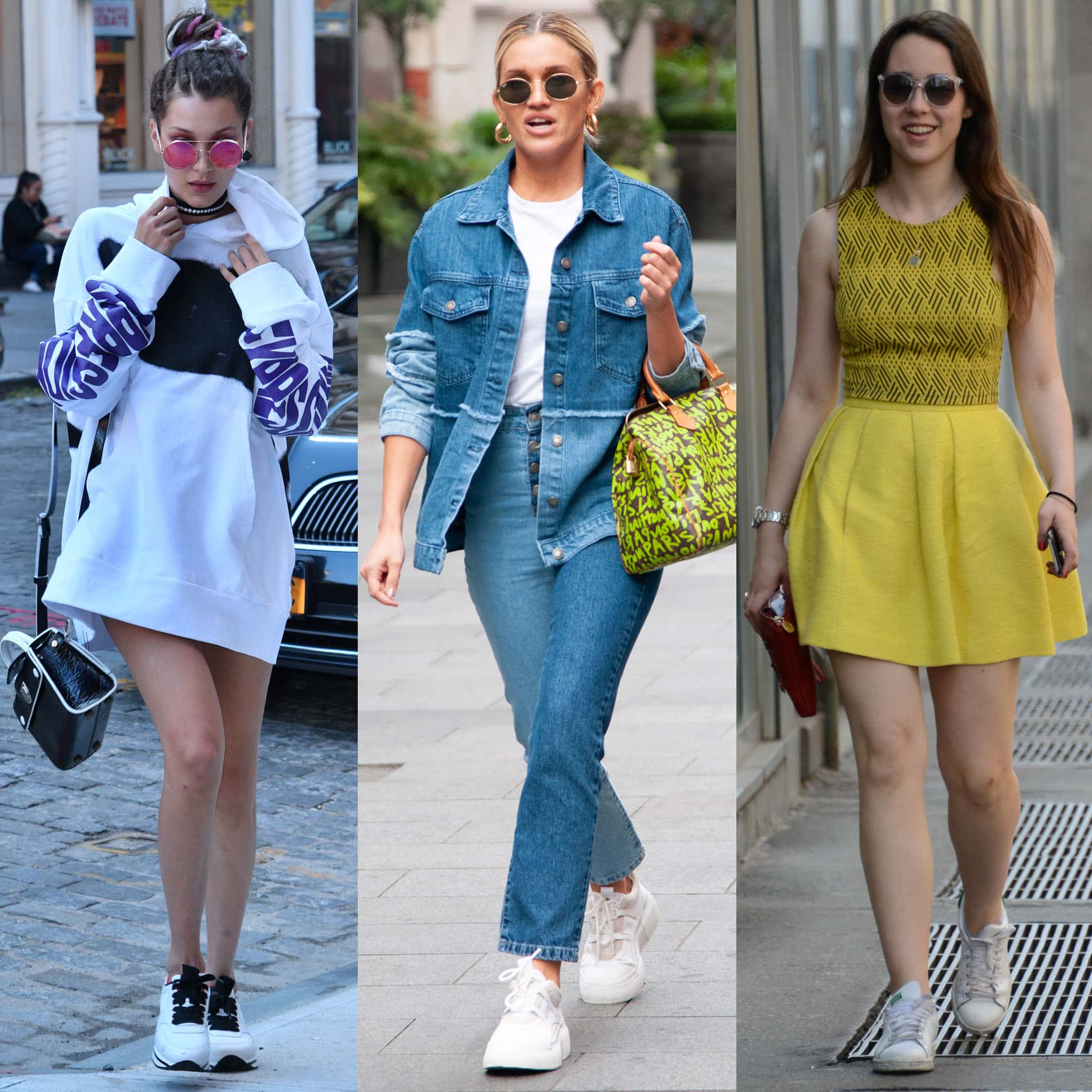 Bella Hadid, Ashley Roberts, and Aurora Ramazzotti step into spring with fresh white sneakers, pairing the seasonal staple with everything from oversized hoodies to double denim and flirty daytime dresses