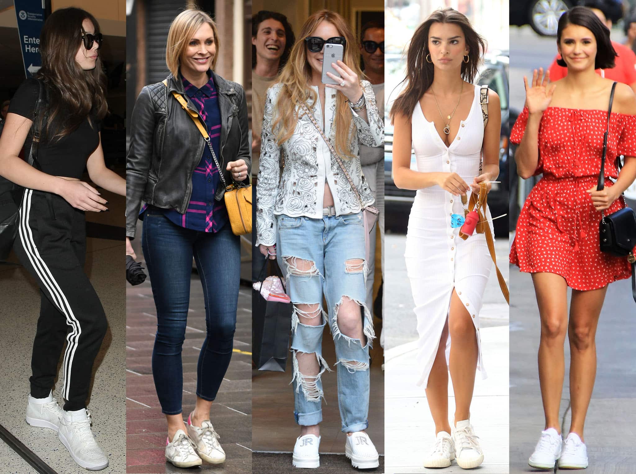 Hailee Steinfeld, Jenni Falconer, Lindsay Lohan, Emily Ratajkowski, and Nina Dobrev prove the versatility of crisp white sneakers, styling them with everything from athleisure and denim to breezy summer dresses