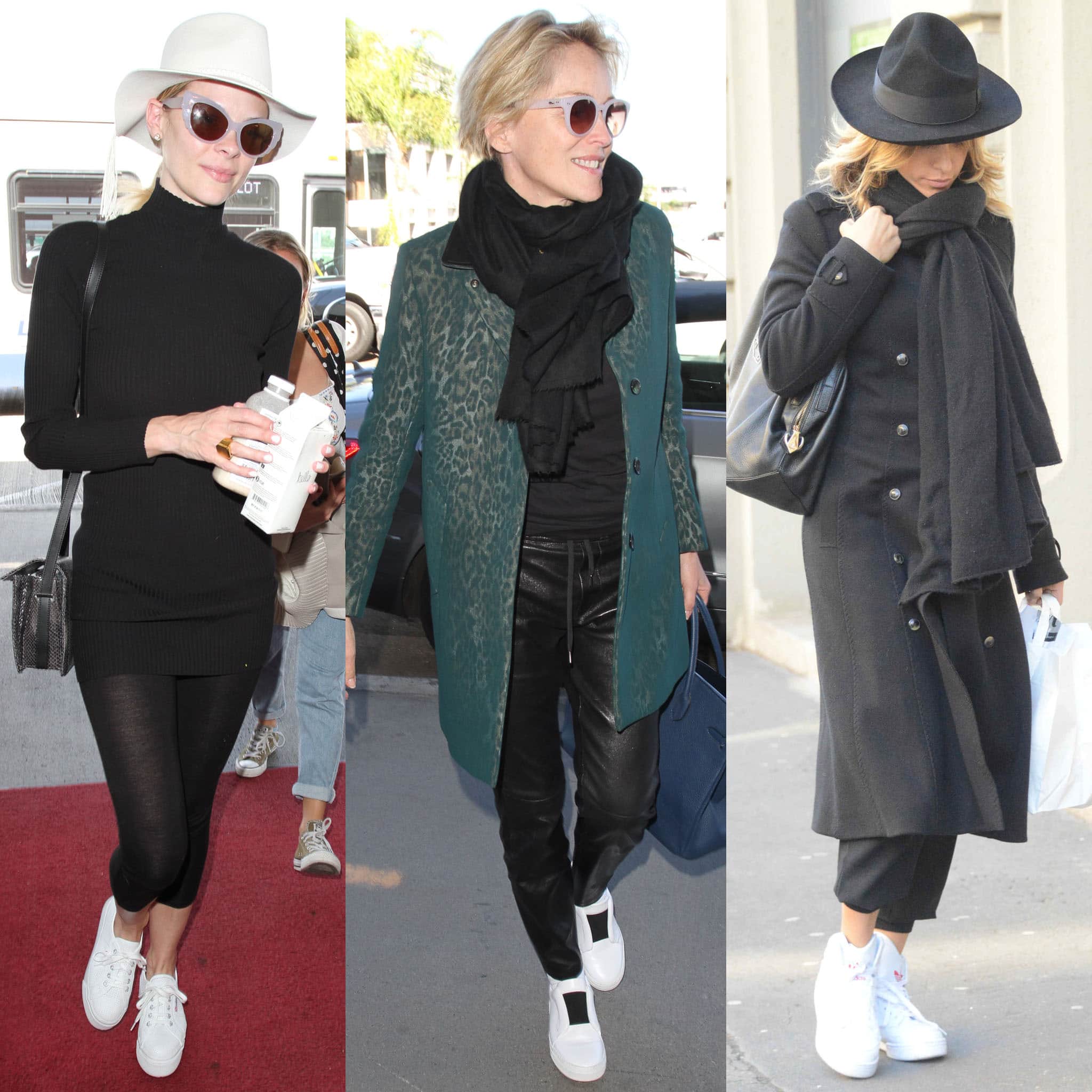 Jaime King, Sharon Stone, and Elisabetta Canalis prove white sneakers work year-round, pairing the crisp staple with winter layers from sleek monochrome sets to tailored coats and leather separates