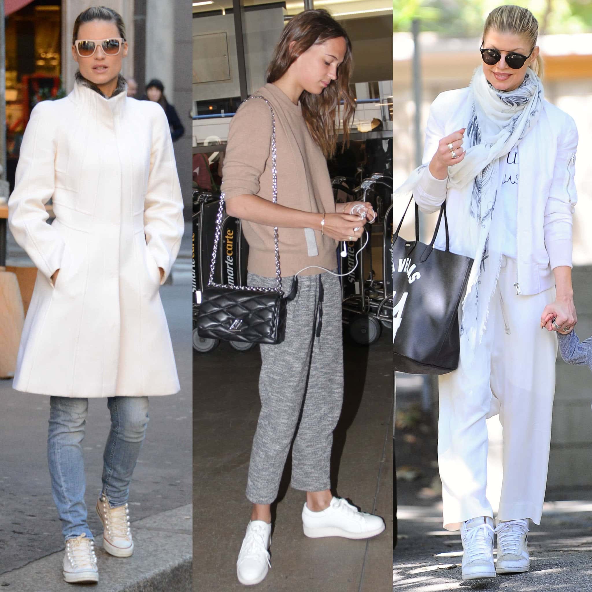 Michelle Hunziker, Alicia Vikander, and Fergie transition into fall with crisp white sneakers, pairing the staple with structured coats, cozy knits, and relaxed tailoring