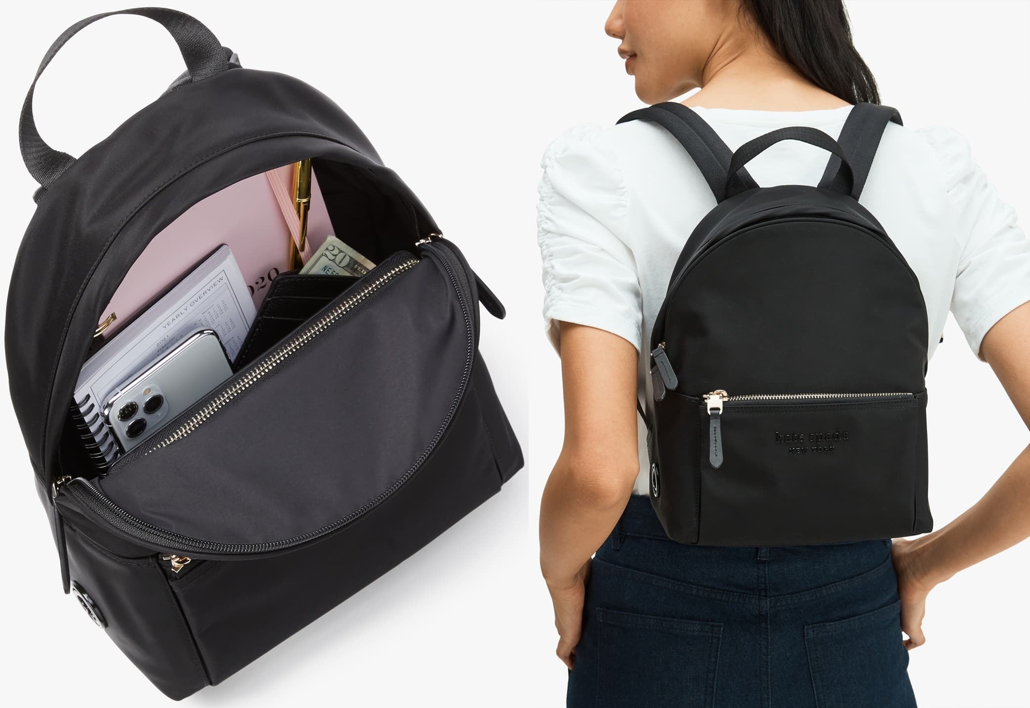 This black medium backpack features durable woven nylon material, top carrying handle, adjustable shoulder straps, and exterior pocket with zip-around closure