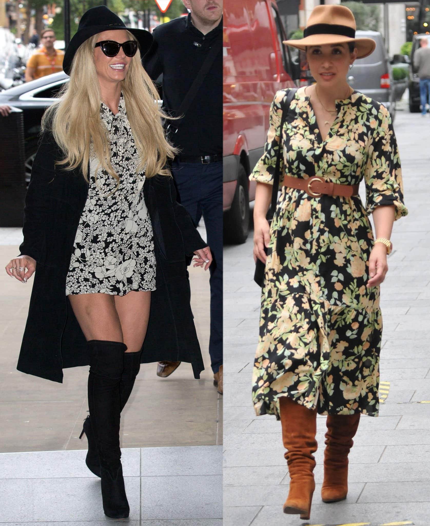 Bohemian Elegance: Britney Spears and Myleene Klass showcase their unique flair in floral dresses paired with knee-high boots for a touch of whimsy