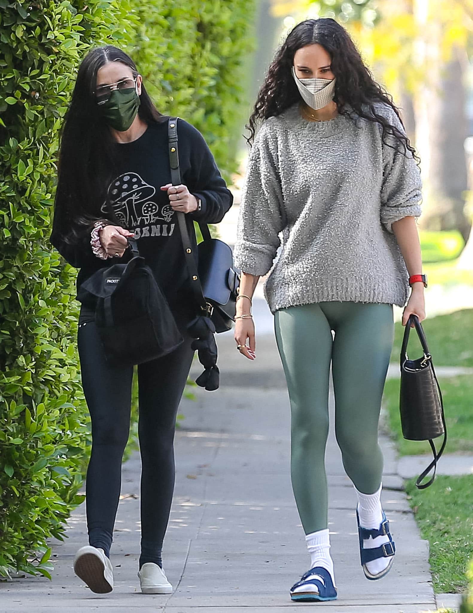 Demi Moore and her daughter Rumer Willis head to a private Pilates class at Forma Pilates in West Hollywood on April 5, 2021, dressed in relaxed athleisure and comfortable slip-on footwear
