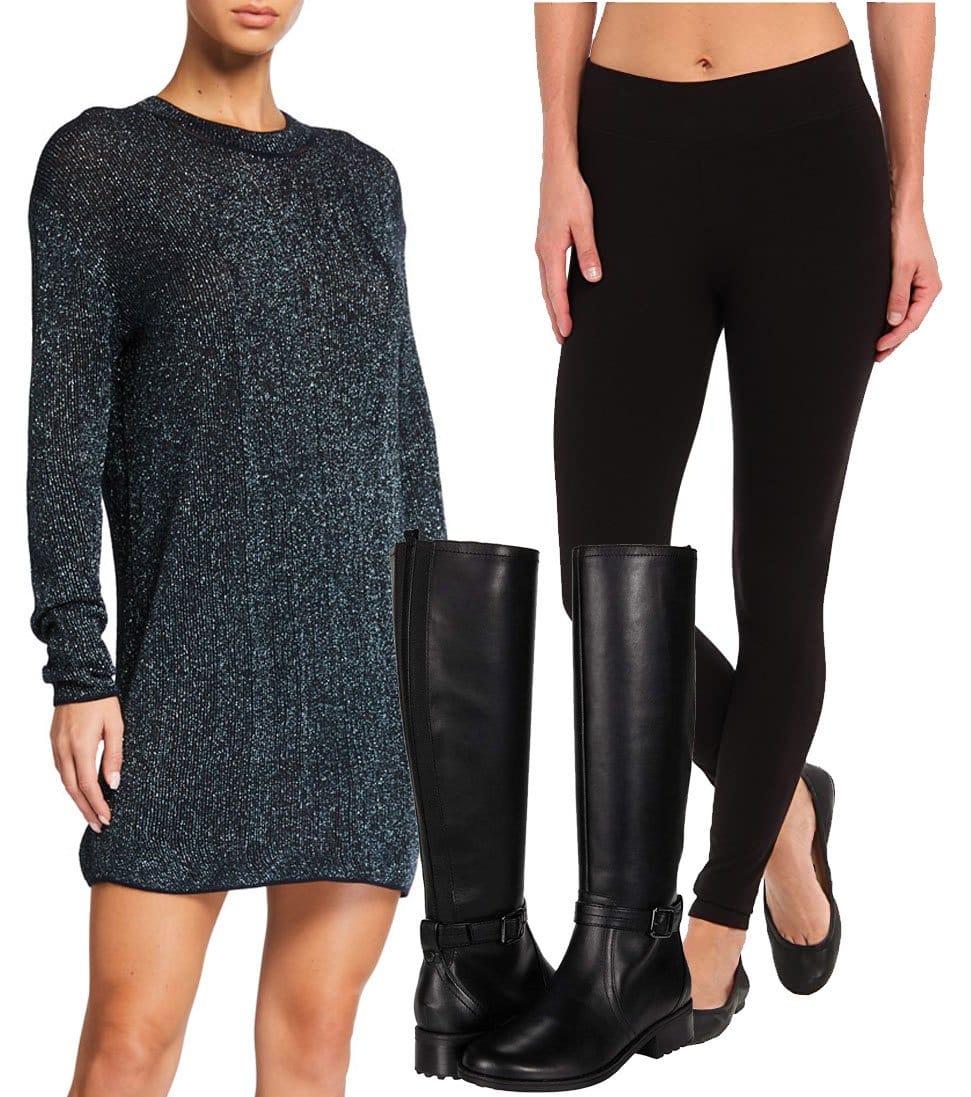 Perfect Ensemble: Rag Bone's Cherie mini sweater dress, complemented by HUE's Ultra leggings and the elegance of Easy Spirit's Reverie knee-high boots