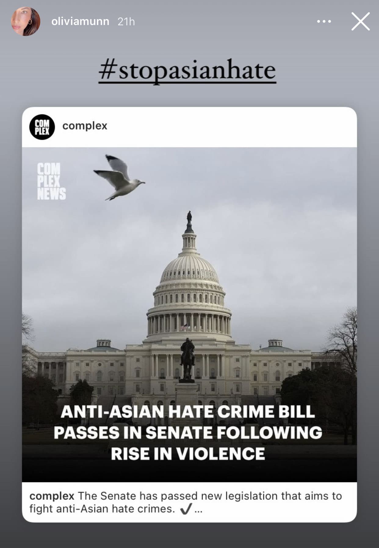 Olivia Munn amplifies the #StopAsianHate movement by sharing news of the Senate passing anti-Asian hate crime legislation on her Instagram Story