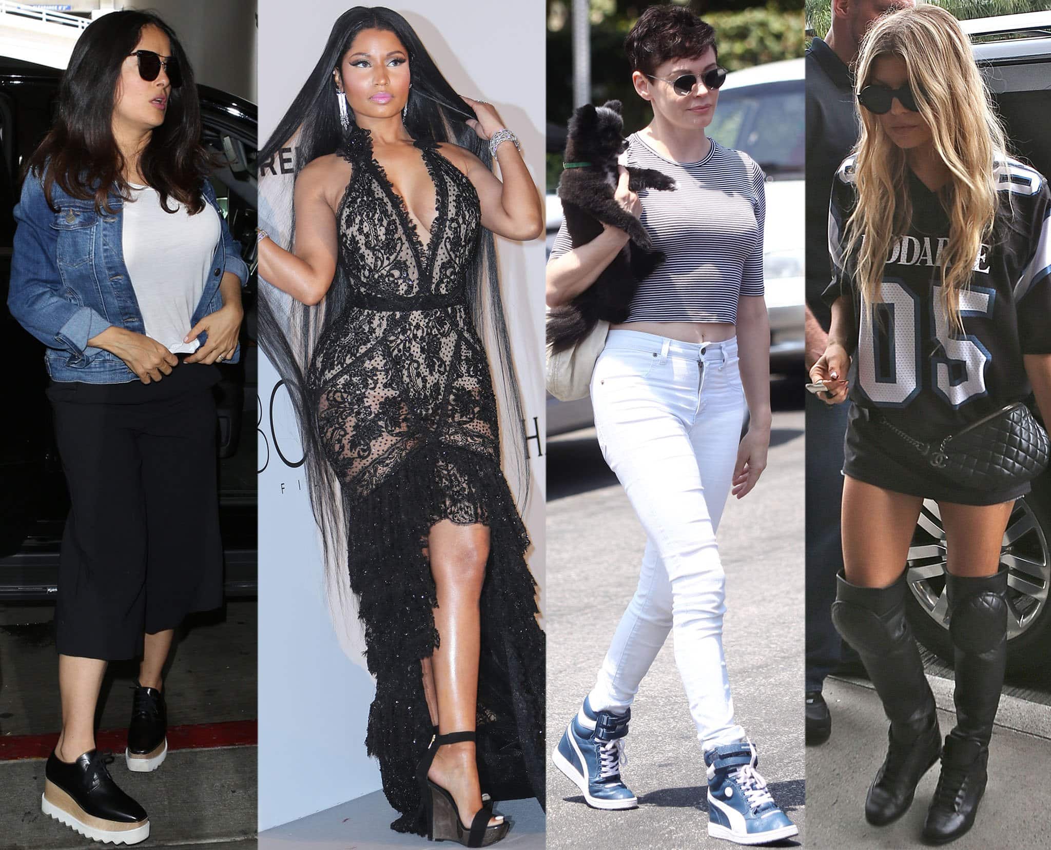 Salma Hayek, Nicki Minaj, Rose McGowan, and Fergie showcase their unique styles while adding a touch of height and comfort with chic wedge footwear