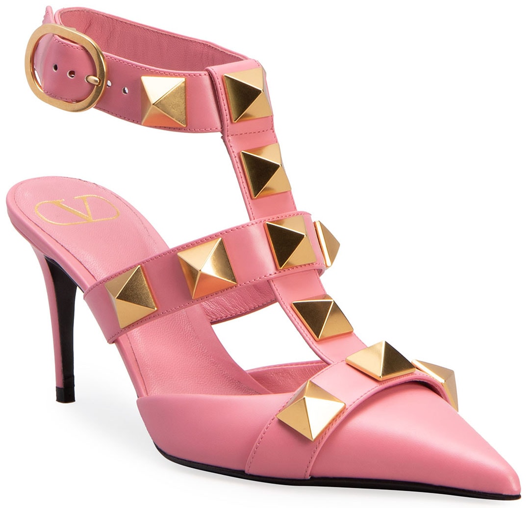 Valentino Garavani Roman Stud ankle-strap pumps in flamingo pink with oversized pyramid studs