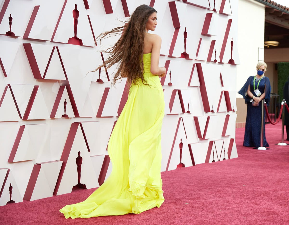 Even though hidden beneath the flowing train of her Valentino gown, Zendaya’s Jimmy Choo heels added extra height, enhancing her statuesque red carpet presence