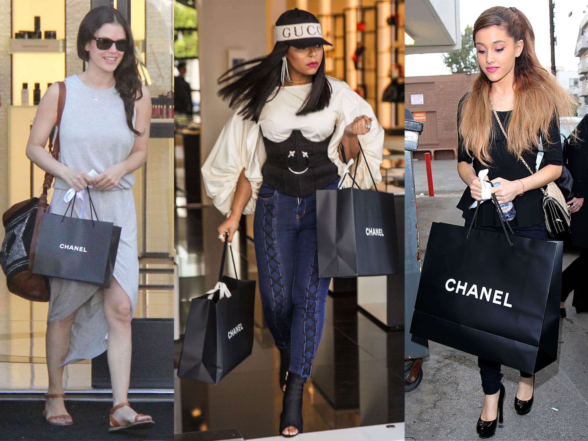 Rachel Bilson, Ashanti, and Ariana Grande are spotted leaving Chanel boutiques in Los Angeles with sleek black shopping bags in hand