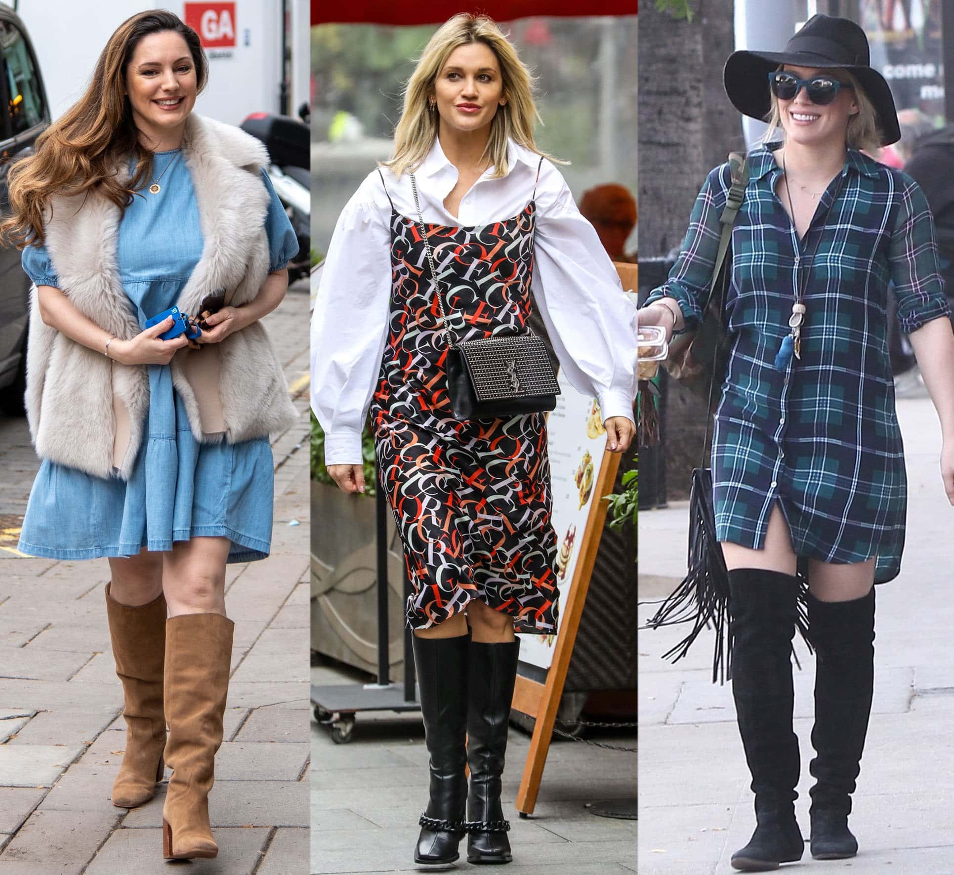 Classy Trio: Kelly Brook, Ashley Roberts, and Hilary Duff elegantly match knee-length dresses with stylish knee-high boots for a timeless look