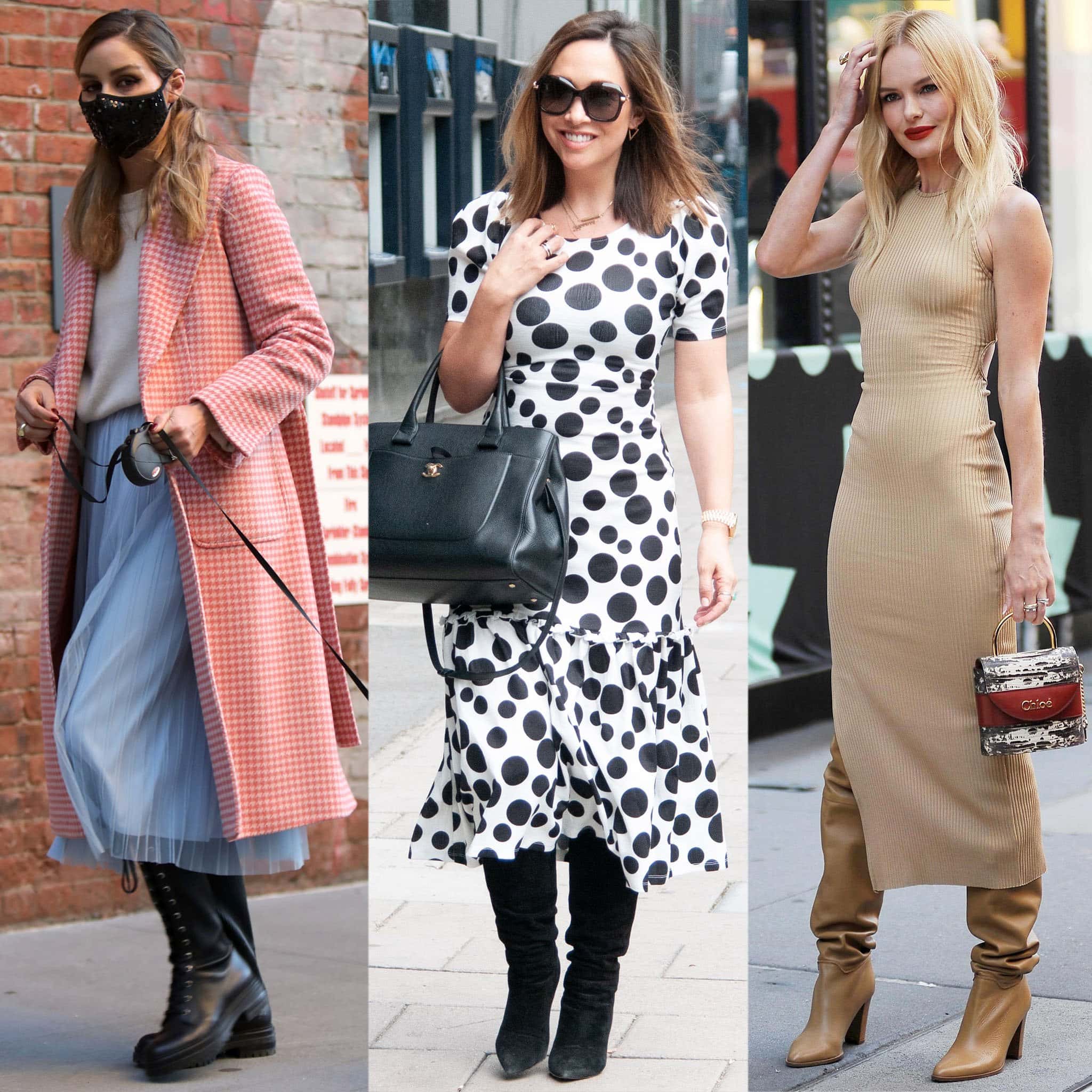 Style Icons Unite: Olivia Palermo, Myleene Klass, and Kate Bosworth masterfully combine knee-high boots with chic midi dresses for a sophisticated look