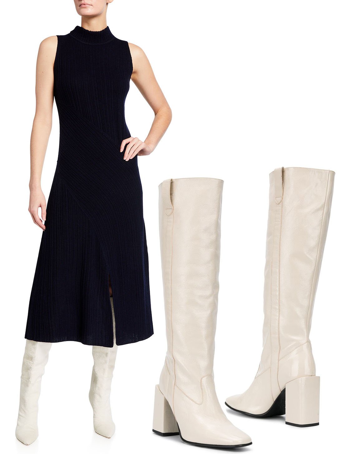 Elegance Redefined: Vince's diagonal ribbed sleeveless midi dress meets the modern flair of AMI Paris block-heel knee-high boots