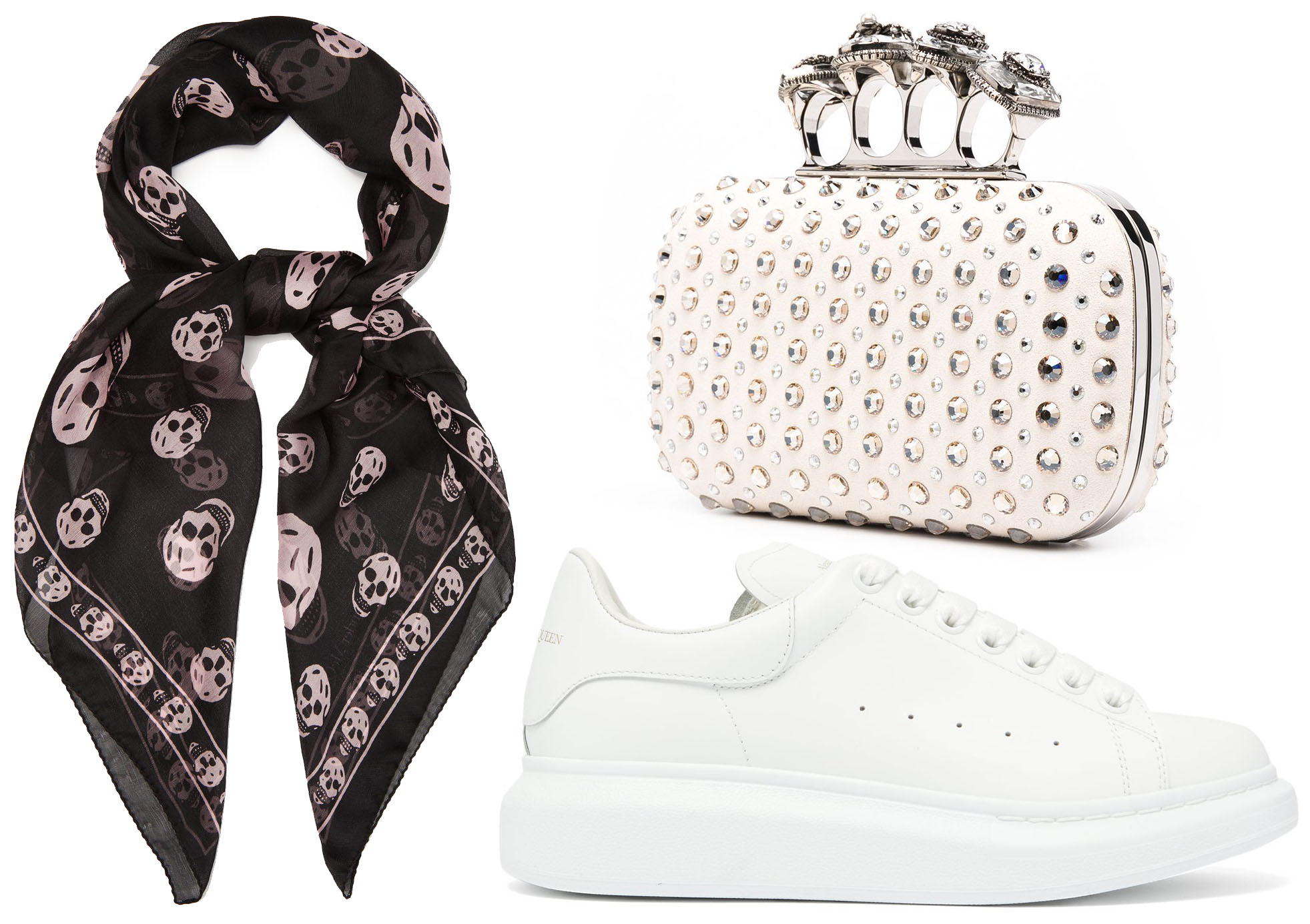Alexander McQueen’s signature skull motif—seen across scarves, knuckle-ring clutches, and even pared-back white sneakers—captures the house’s dark romanticism and enduring blend of rebellion and refinement