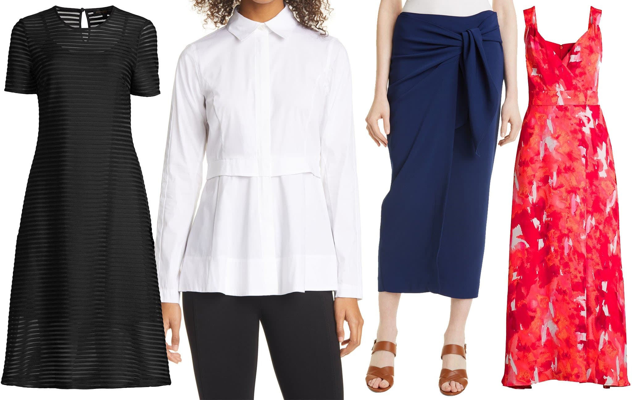 An elegant selection of versatile pieces by Donna Karan, from chic black dresses to bold floral gowns, showcasing timeless style and modern sophistication
