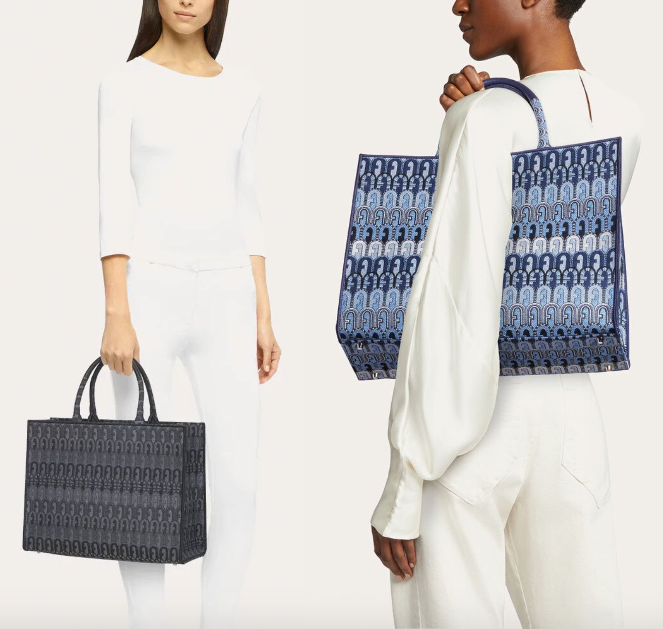 Furla's Opportunity tote is a chic large shopping bag made from jacquard fabric with an ethnic design