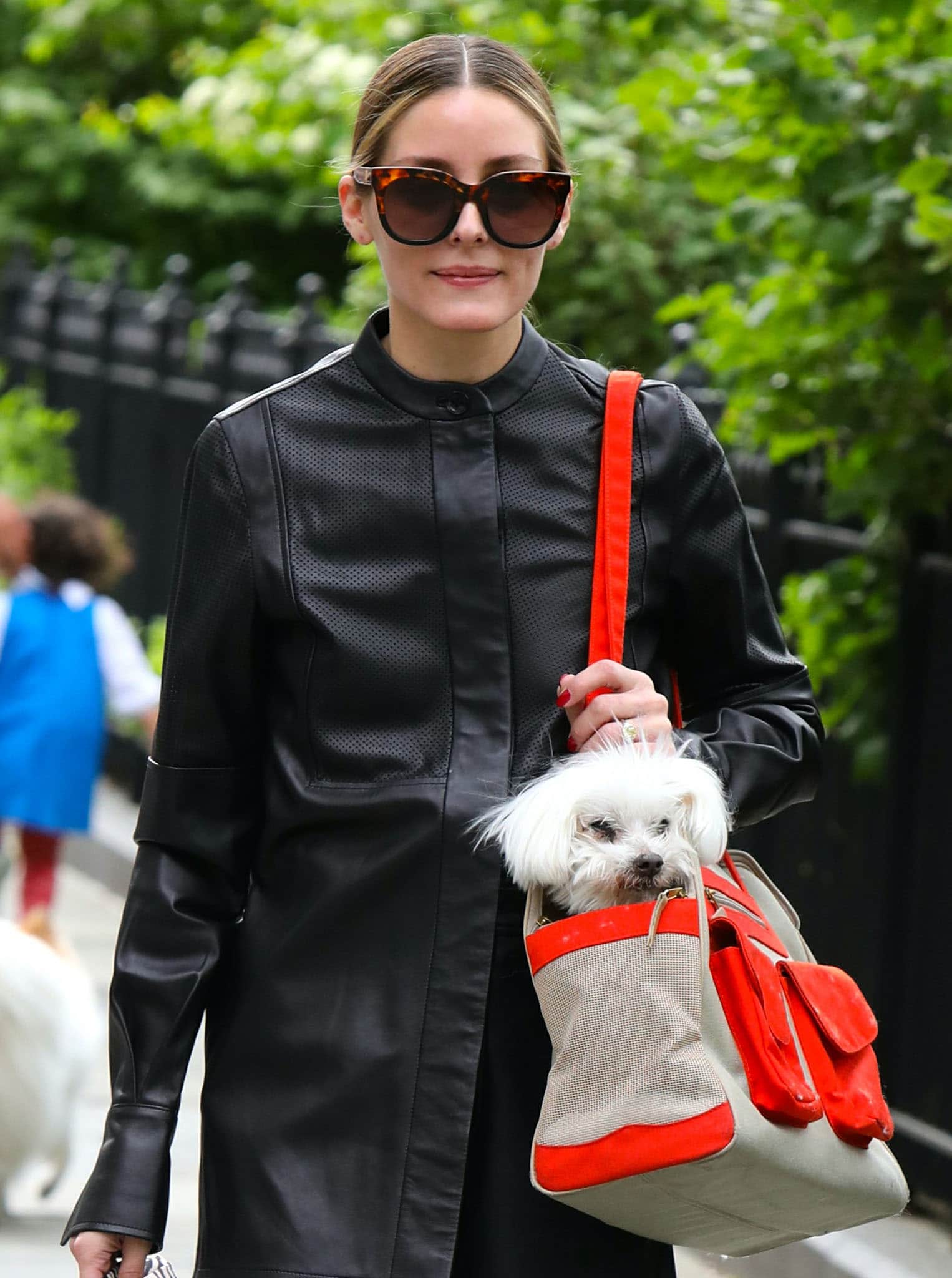 Tortoiseshell Westward Leaning sunglasses and a beige-and-red carrier for Mr. Butler add warm color to Olivia Palermo’s otherwise all-black ensemble