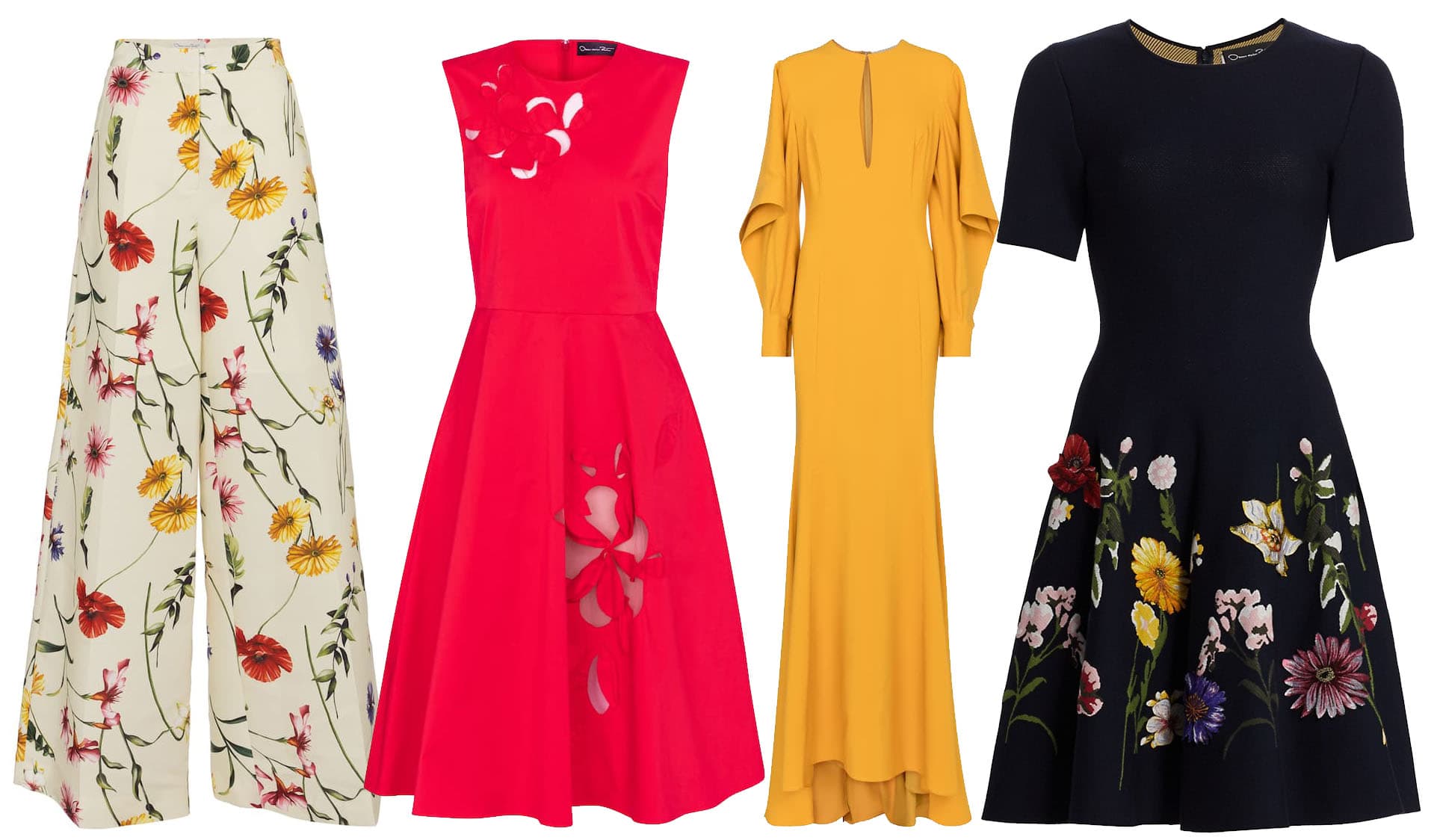 A vibrant showcase of Oscar de la Renta designs featuring bold colors and intricate floral patterns that embody timeless elegance and modern luxury