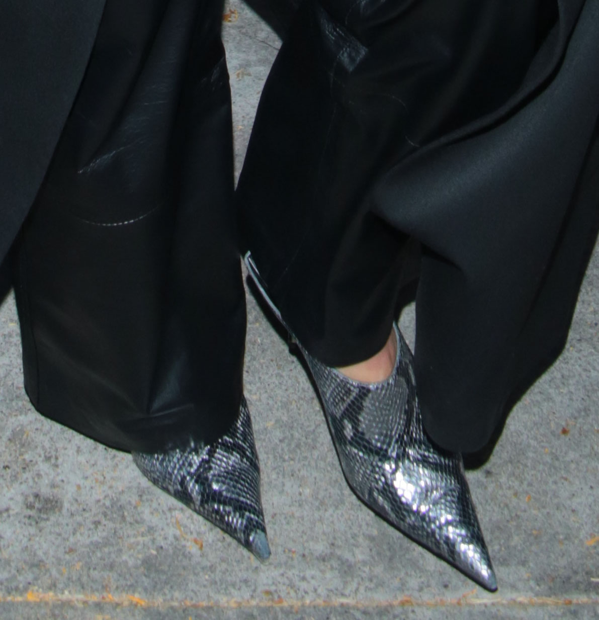 A closer look at Sofia Richie's Balenciaga snake-embossed leather mules, featuring a sleek pointed toe and sharp metal heels