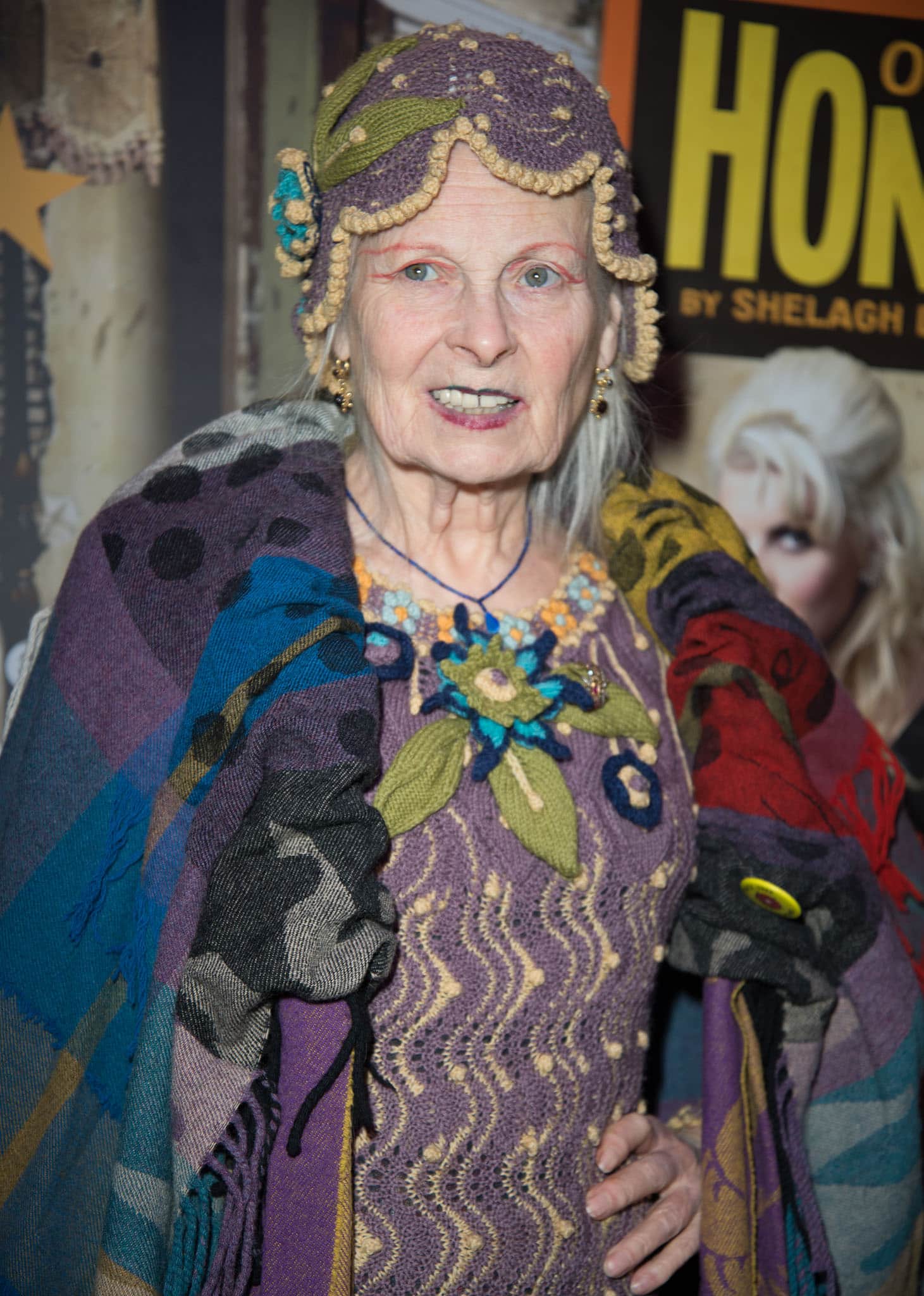 Vivienne Westwood brings her signature eccentric flair to A Taste of Honey press night on December 9, 2019, wrapped in bold layers and intricate, handcrafted textures