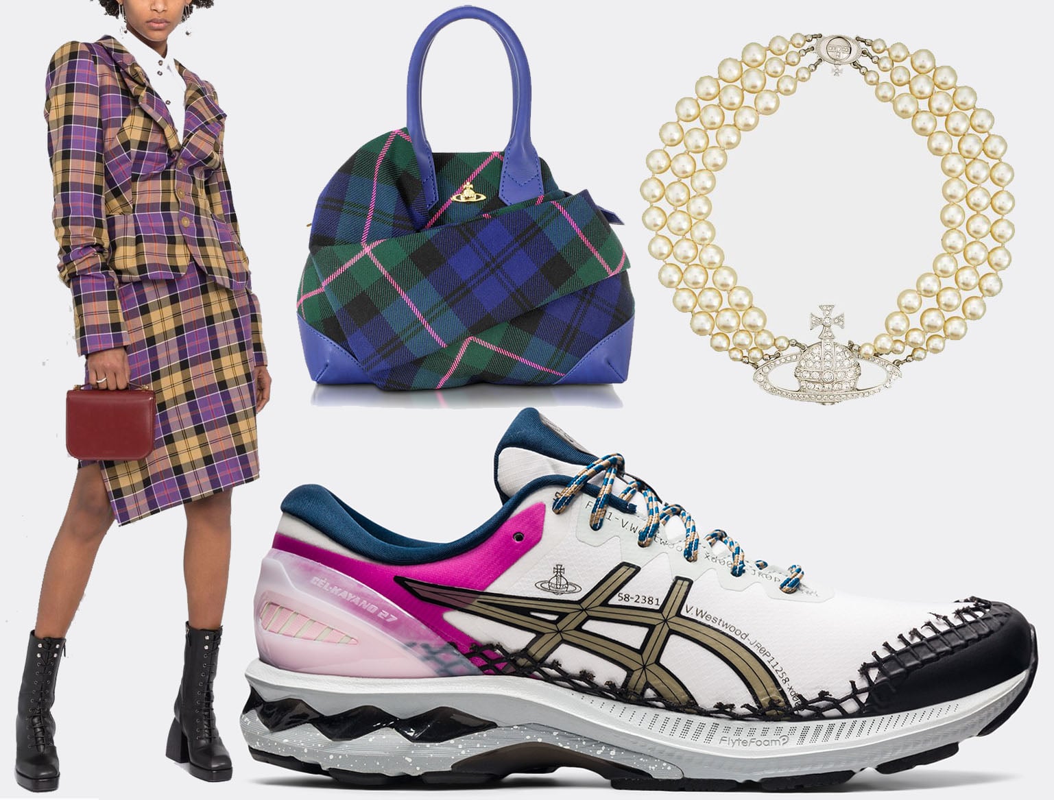 Vivienne Westwood’s modern punk and new-wave aesthetic comes to life through tartan tailoring, irreverent accessories, and bold footwear collaborations that fuse rebellion with British heritage