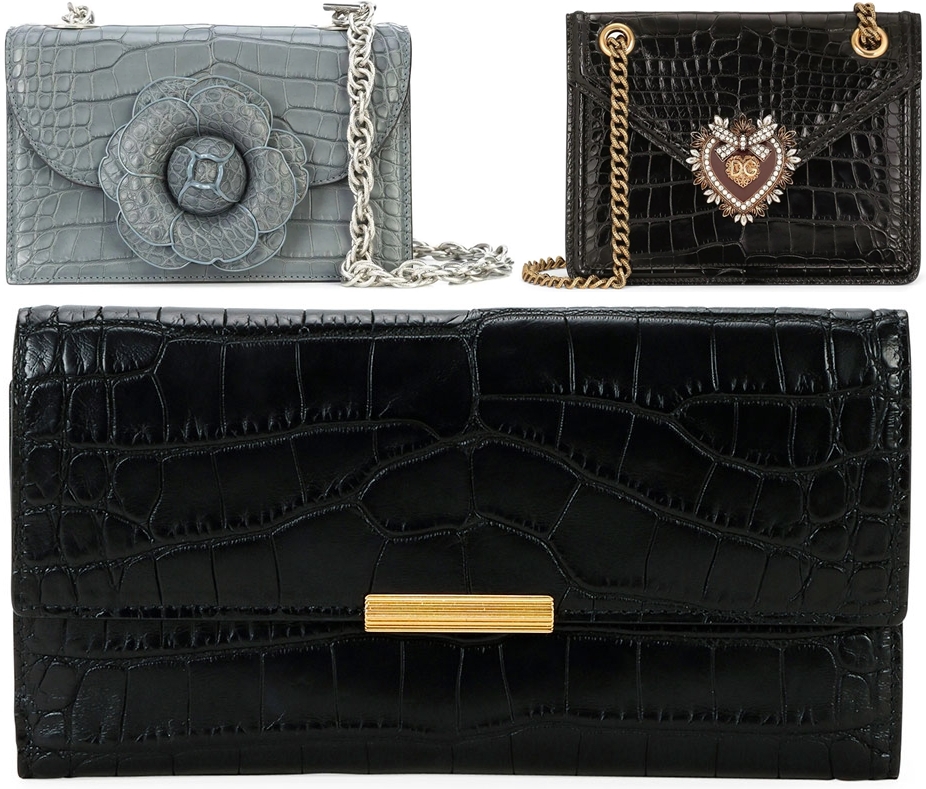 Dark grey alligator leather Tro crossbody bag from Oscar de la Renta (top left), alligator leather Devotion shoulder bag from Dolce Gabbana (top right), and Bottega Veneta continental wallet in genuine soft alligator skin (bottom)