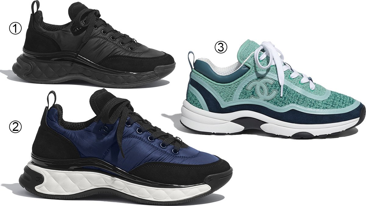 Chanel's take on chunky sneakers: Black, Navy Blue, and Green Turquoise Tweed Suede Calfskin, combining Parisian chic with modern trends