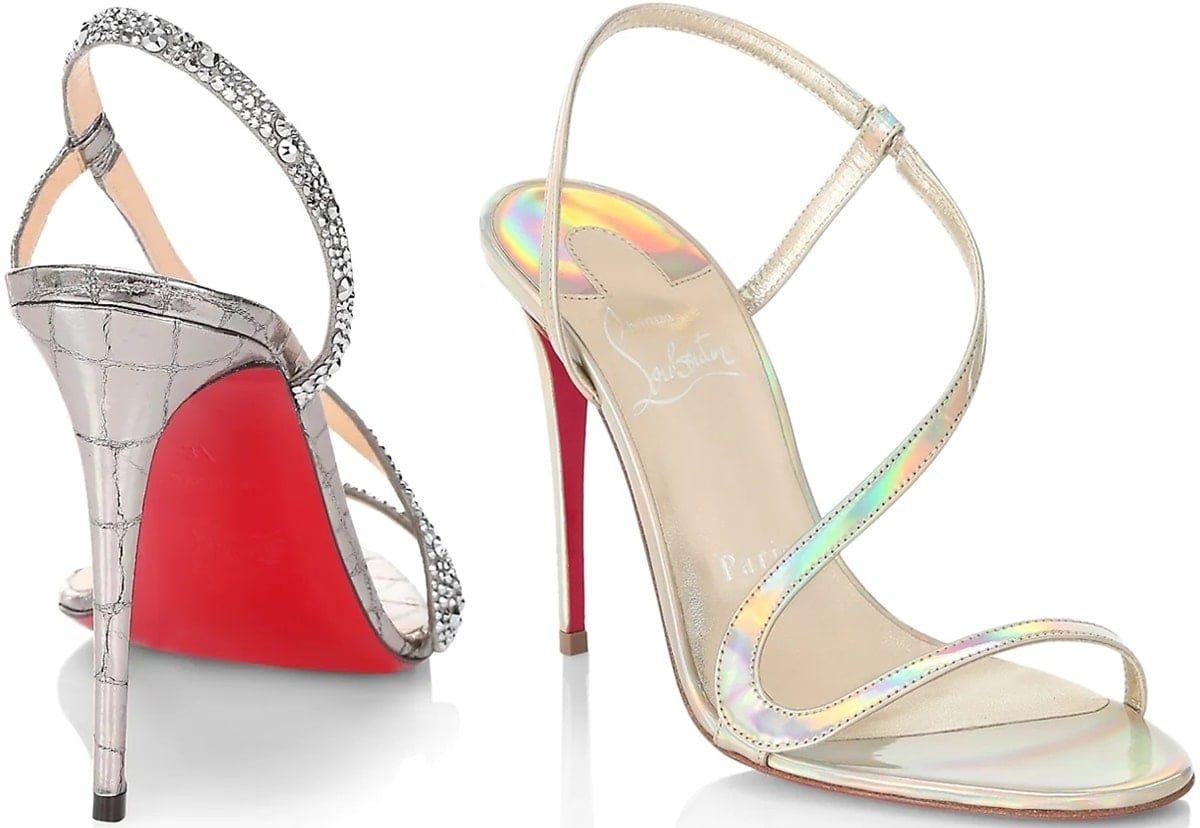 Silver strappy and gold metallic iridescent high heel Rosalie sandals by Christian Louboutin, featuring intricate finishes