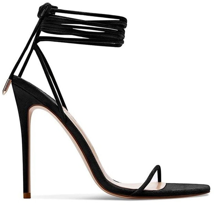 The Femme LA Barely-There sandal features a minimalist square toe, fine strap across the vamp, and wraparound ankle ties set on a slender high heel for a clean, modern finish