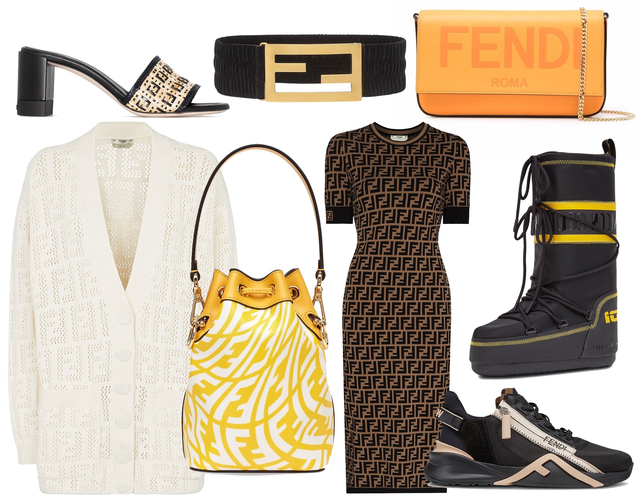 Fendi’s signature double-F motif appears across the house’s ready-to-wear, shoes, and accessories, reinforcing its instantly recognizable identity