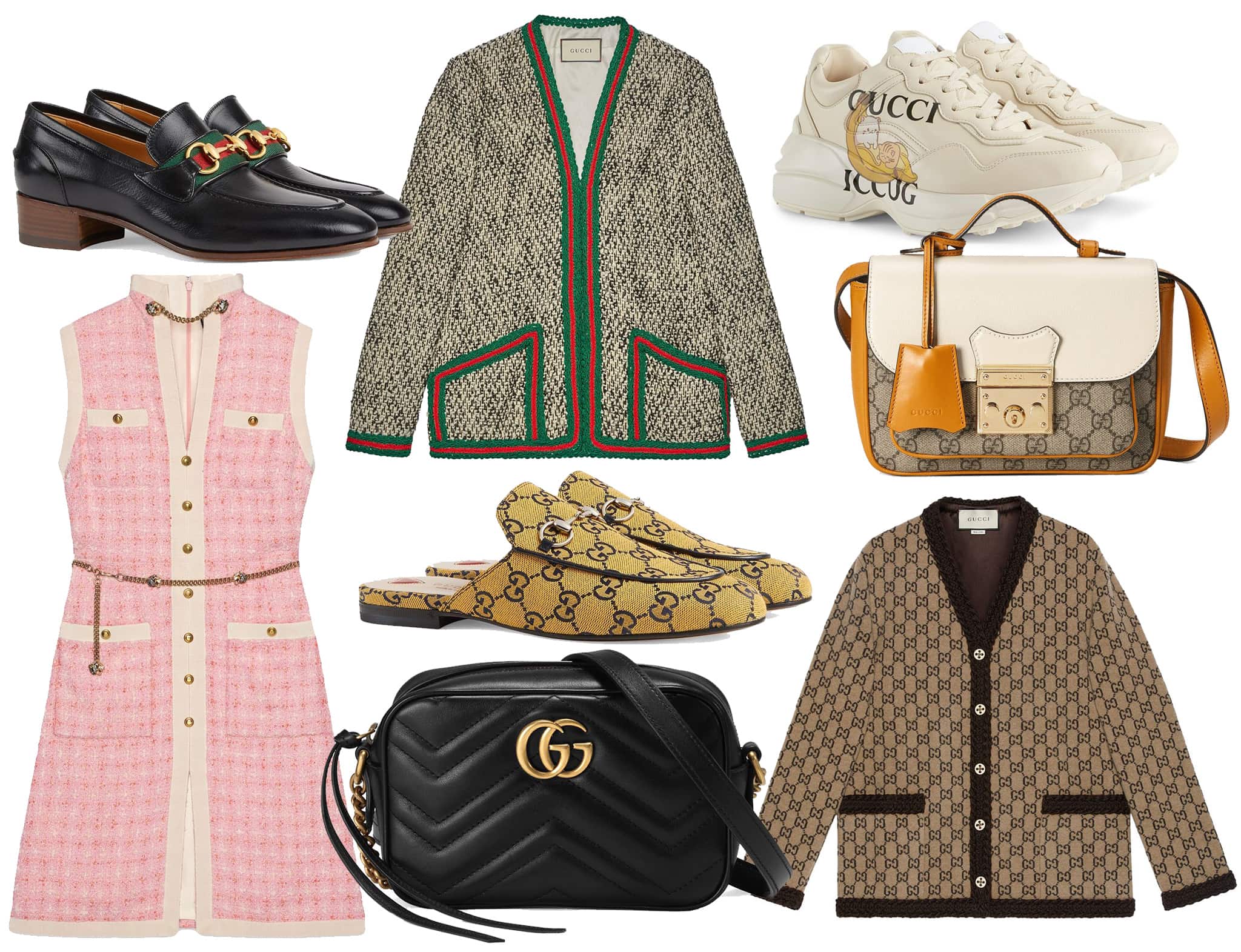 Gucci’s signature designs feature the interlocking double-G logo and the iconic green-and-red web stripe across ready-to-wear, shoes, and accessories