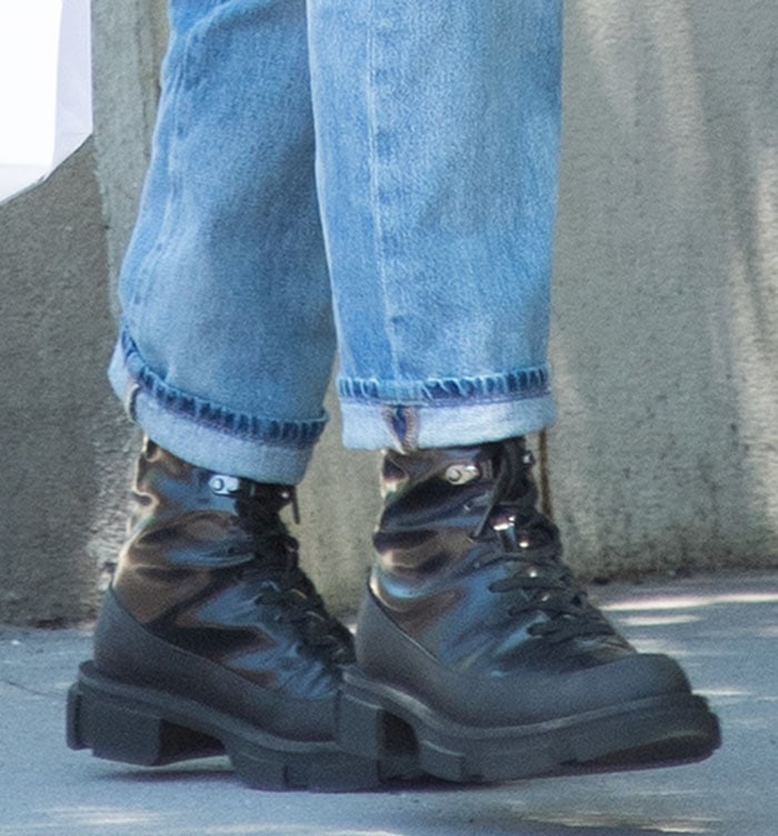 Irina Shayk grounded her corset-and-denim ensemble with Both Gao combat boots, whose sculptural platform sole and polished leather finish have become a signature element of her downtown street style
