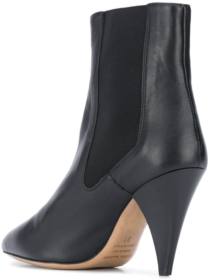 Isabel Marant's black leather cone-heel boots feature sleek sculptural heels and stretch side panels, combining modern design with everyday wearability