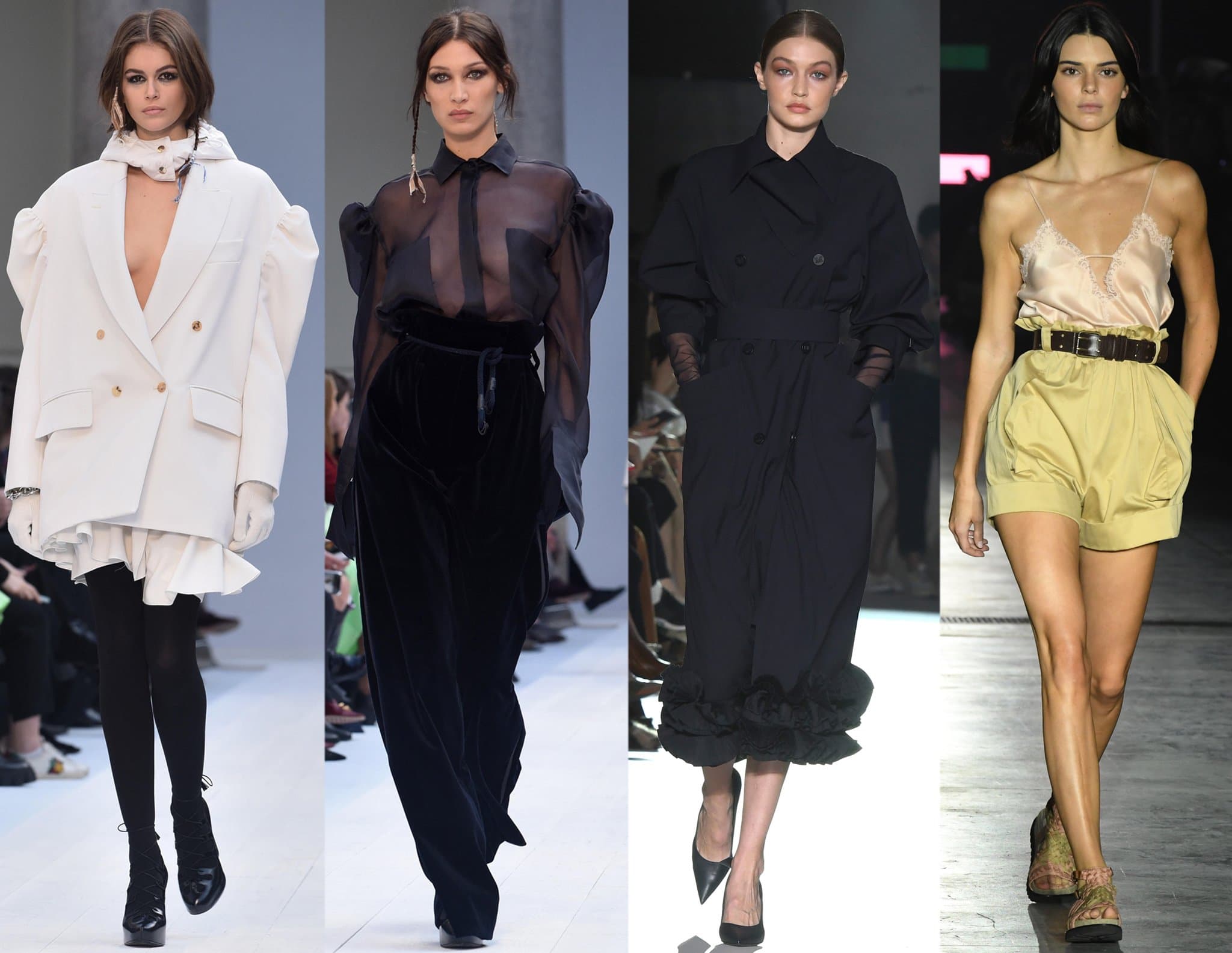 Kaia Gerber, Bella Hadid, Gigi Hadid, and Kendall Jenner walk the runway during Milan Fashion Week, showcasing modern Italian tailoring and high-fashion silhouettes