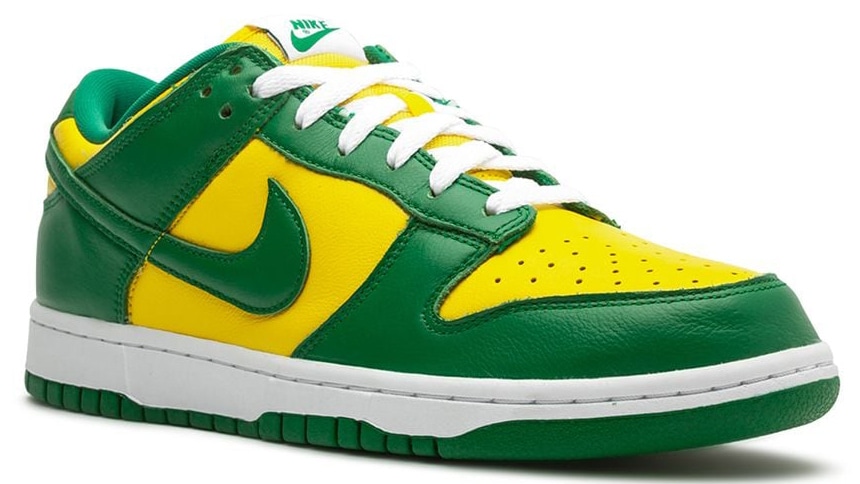 Originally introduced in 2001 and reissued in 2020 and 2024, the Nike Dunk Low "Brazil" combines Varsity Maize leather with Pine Green overlays inspired by the colors of Brazil's national flag