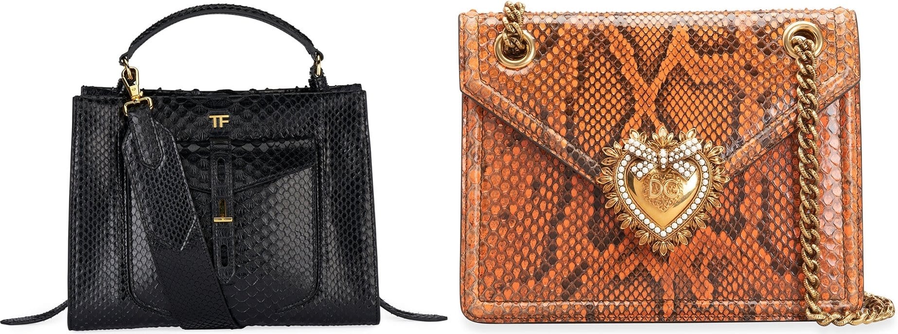 Tom Ford top-handle bag in genuine python snakeskin (L) and Dolce Gabbana python crossbody bag with leather trim (R)