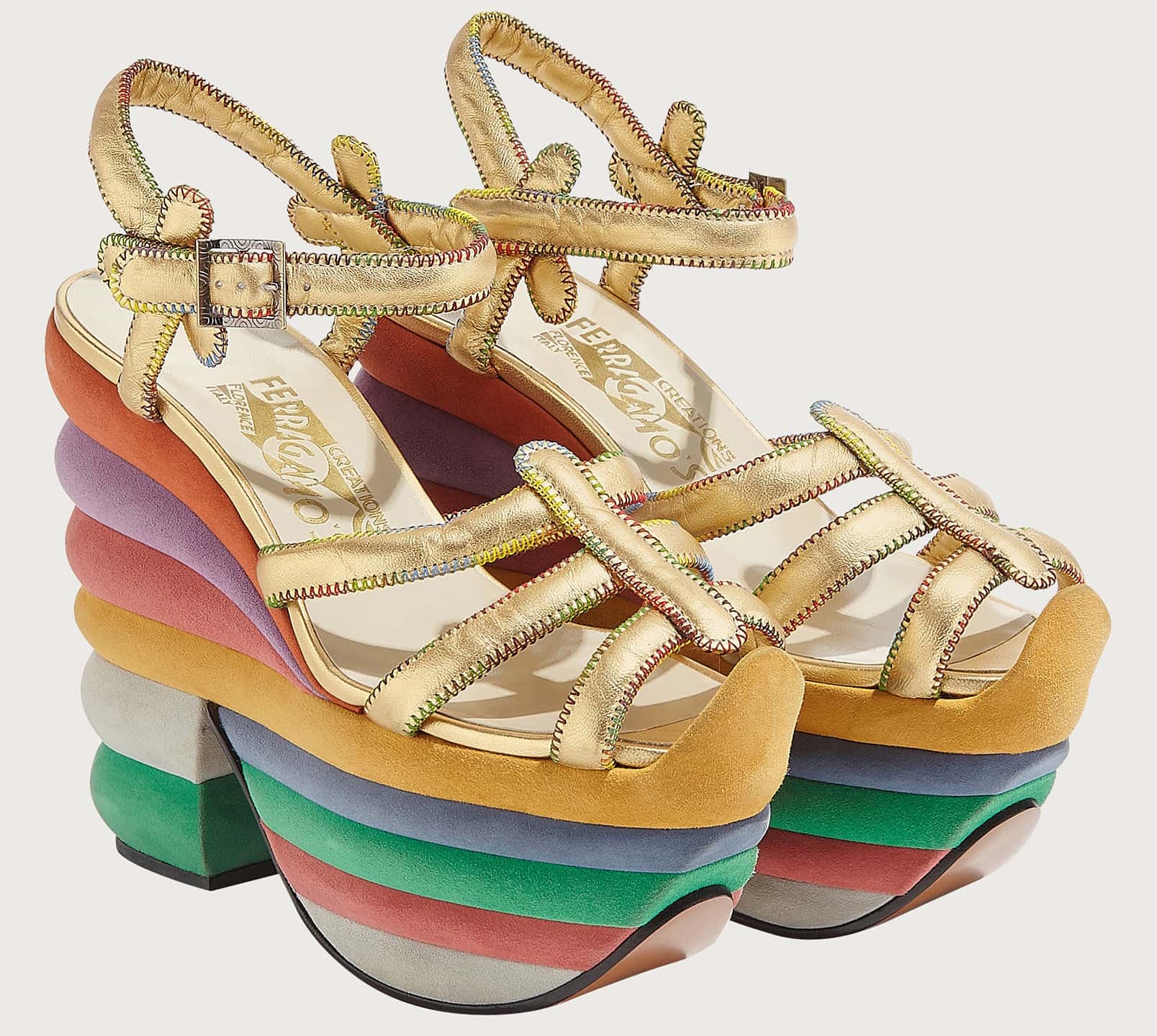 Created in 1938 for Judy Garland, Salvatore Ferragamo's Rainbow platform sandals feature shaped slabs of cork covered in colorful suede